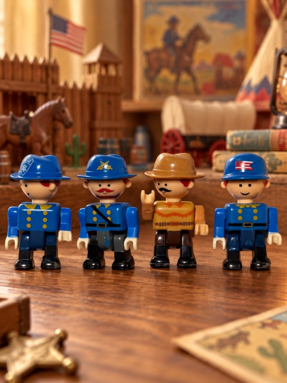 Vintage Articulated Toy Figures Lot of 4 Police Cowboy Military Blue Uniform